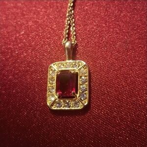 Vintage Rectangle Ruby Red CZ Moissanite Halo Necklace Gold Plated Emerald Cut